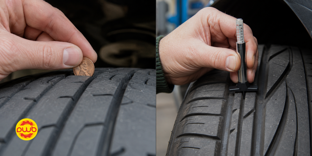 Checking tyre tread depth with a tread gauge